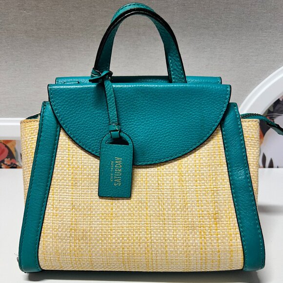 Kate Spade Saturday Structured Satchel Bag – Teal Leather & Woven Straw - Picture 1 of 10